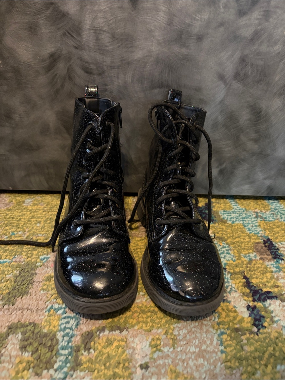 wonder nation Black Glitter Lace-Up Combat Boots for Kids
